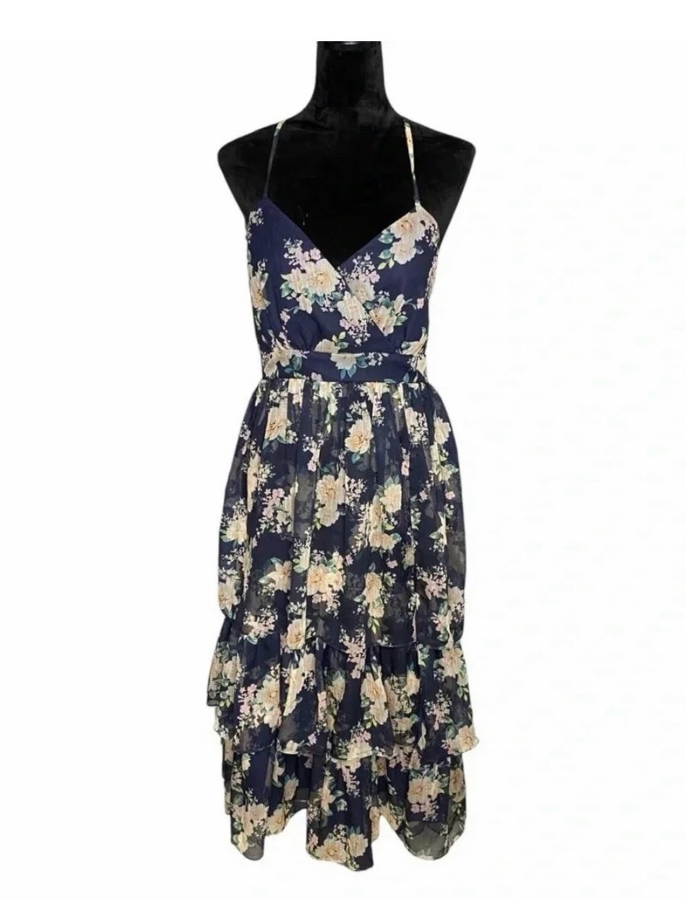Lulu's Navy Floral Spaghetti-Strap Tiered Midi Dress